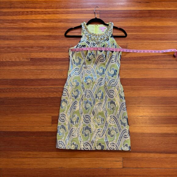 Lilly Pulitzer Chartreuse Fancy Occassion Mini Dress w/Beads and Sparkly Thread - Picture 3 of 12